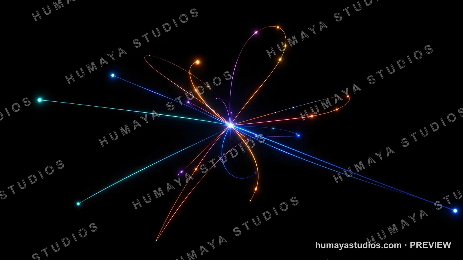 Subatomic particle collision with glowing trajectories in black space