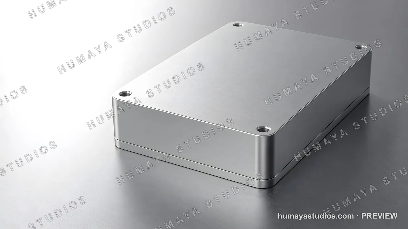Metal electronic enclosure case on brushed steel surface