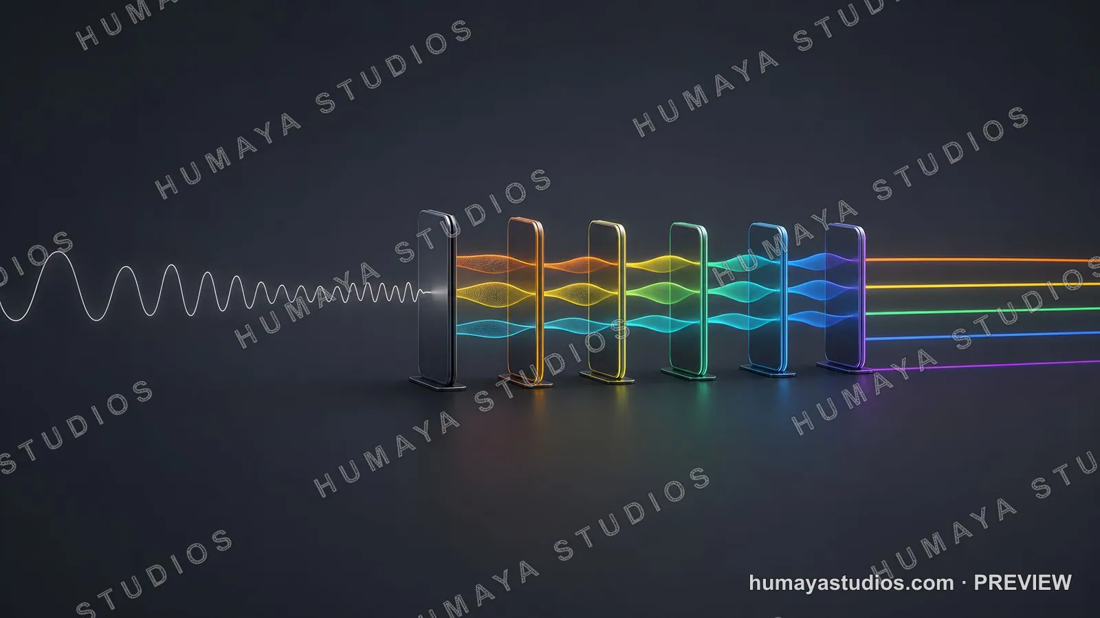 Light wave passing through colored glass panels separating spectrum