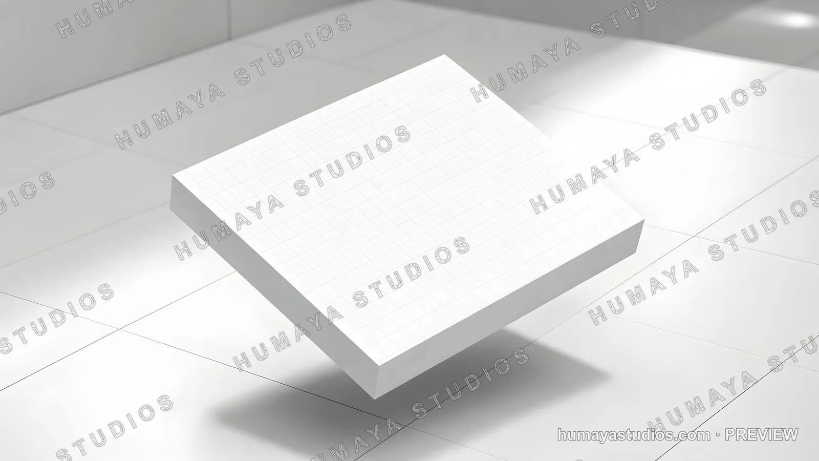 Floating Blank Grid Box Mockup Over White Tiled Floor