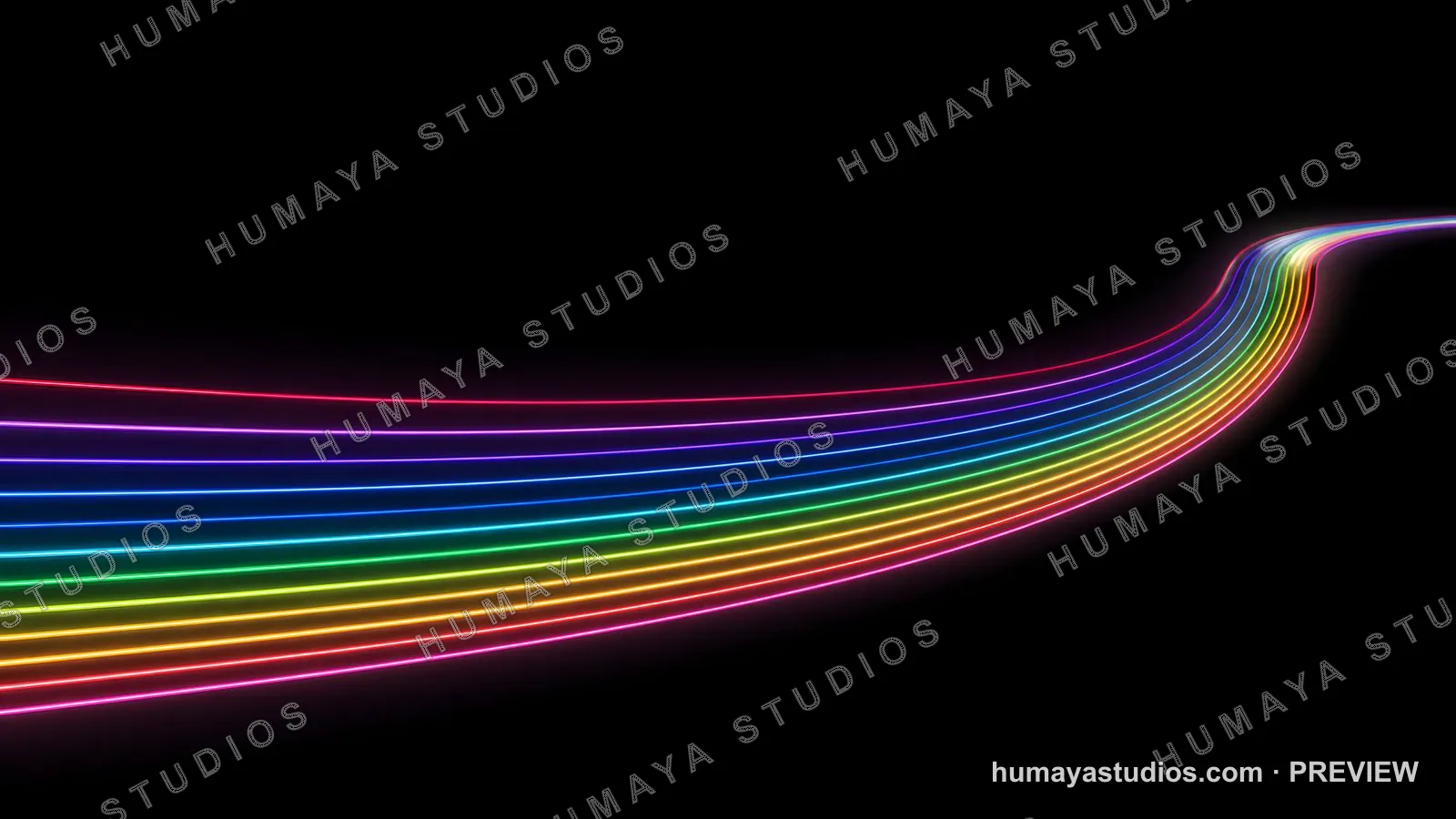 Neon rainbow light streaks curved on black background