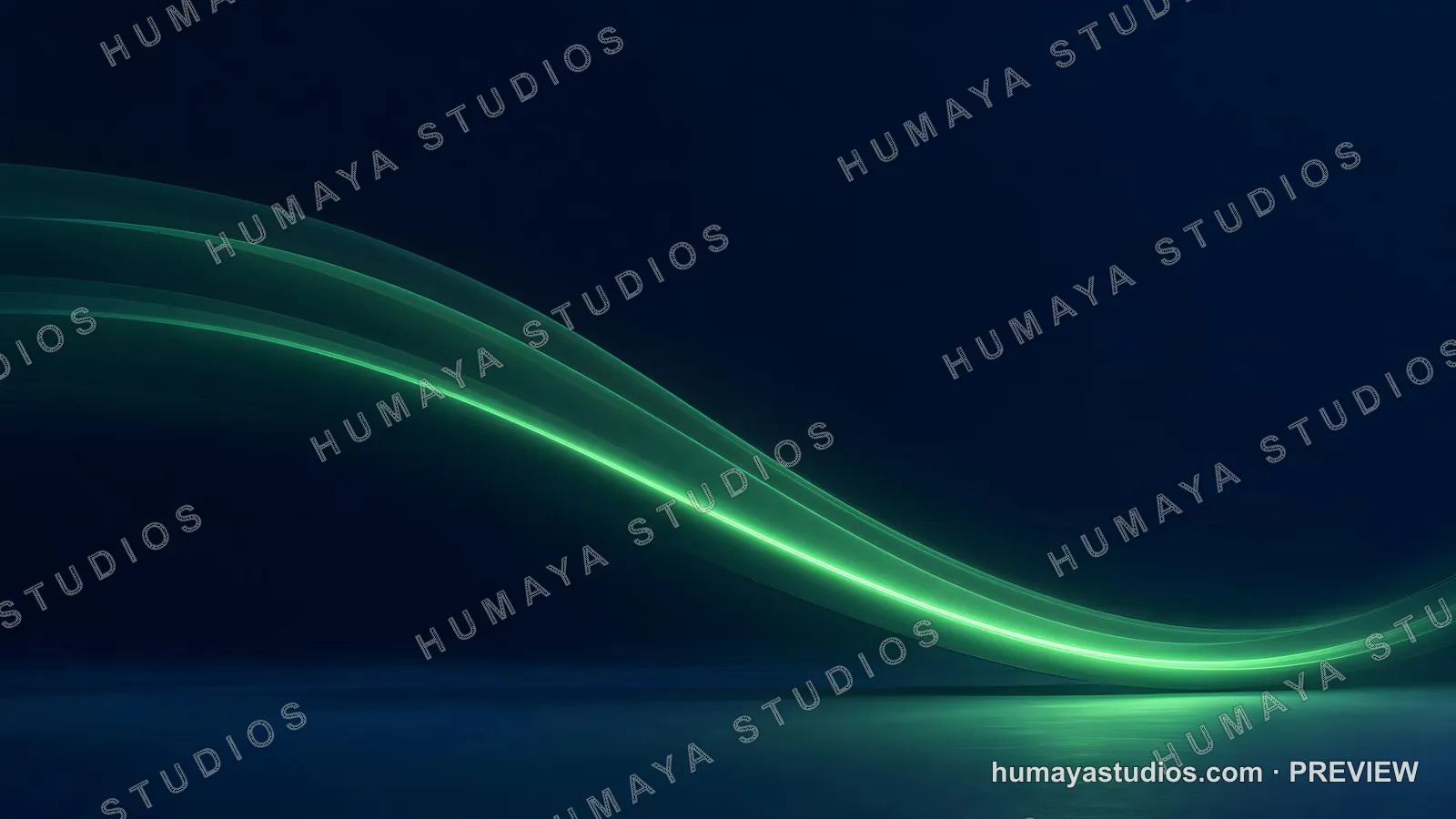 Glowing green light waves on dark blue background abstract design