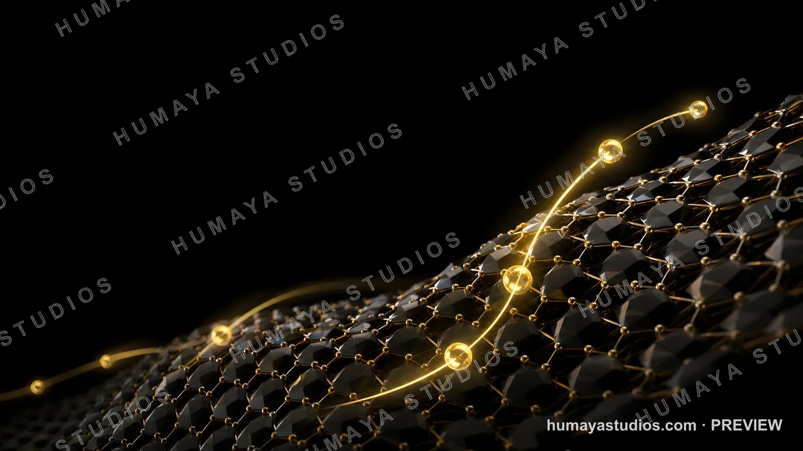 Graphene Lattice Abstract 3D Render with Glowing Golden Orbs