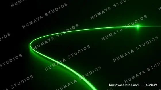 Glowing green laser beam curving through the dark