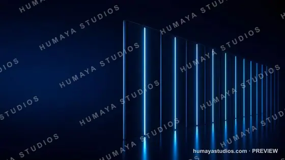 Futuristic neon blue glowing panel wall in dark room