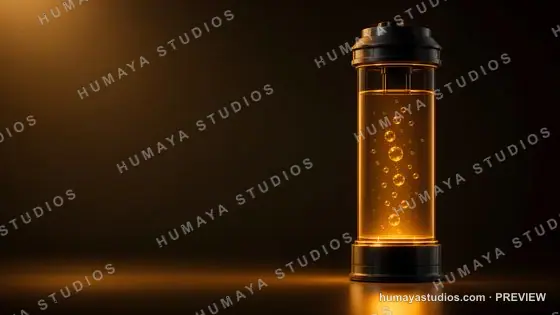 Futuristic energy cylinder with glowing amber liquid and bubbles