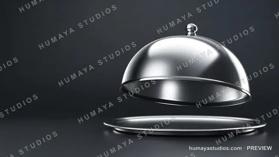 Open Silver Serving Dome Cloche with Tray on Dark Background
