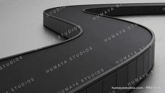 Curved black baggage conveyor belt system on neutral gray background
