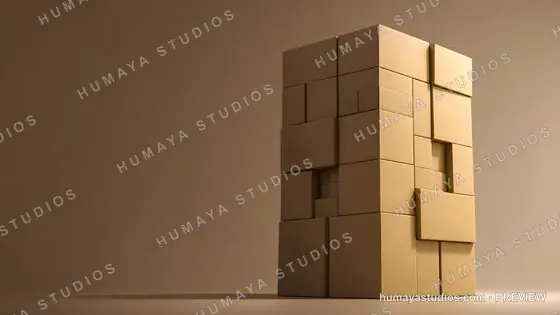 Tower of Cardboard Boxes Abstract Sculpture on Plain Background