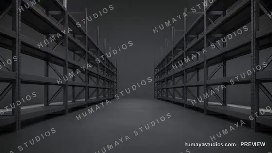 Modern empty warehouse with metal shelving units in grayscale