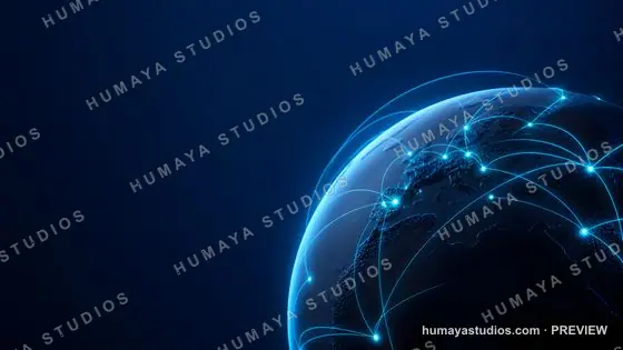 Global communication network on dark blue Earth globe