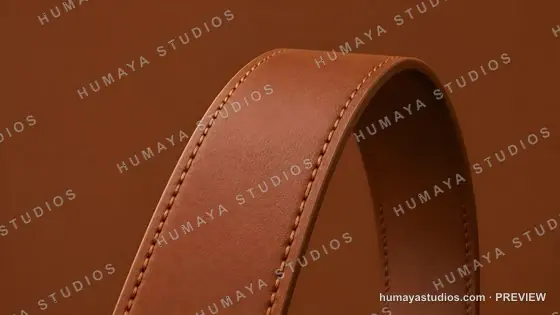 Brown leather strap with stitching on solid background