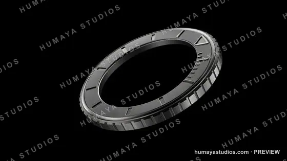 Metal watch bezel with detailed markings on black background
