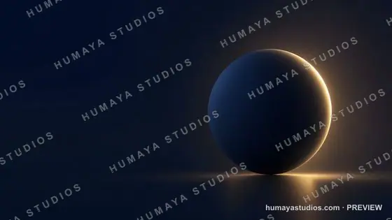 Dark blue sphere glowing with golden rim light in abstract space