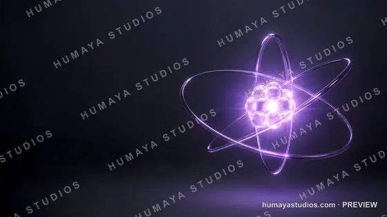 Glowing Purple Atom Model with Orbiting Rings and Nucleus