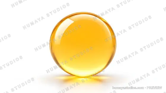 Yellow glass sphere reflecting light on white background