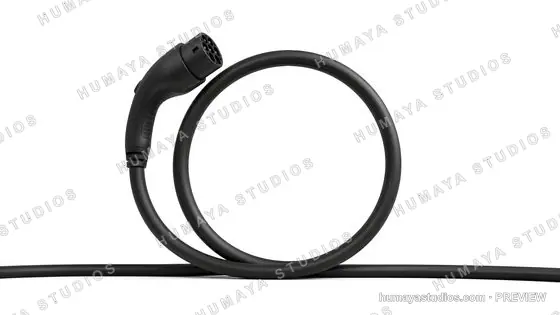 Electric Vehicle Charging Cable Coiled on White Background