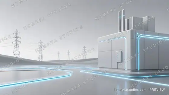 Futuristic Power Plant with Glowing Neon Light Lines and Pylons