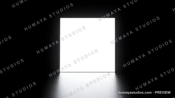 Glowing square light panel illuminating a dark room background