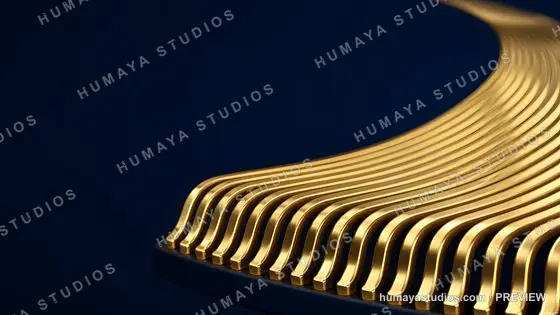 Gold Wavy Lines Abstract 3D Render on Dark Blue Background