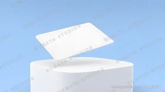 White contactless smart card hovering above podium, blue background