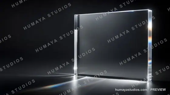 Glass block with light refraction on dark background
