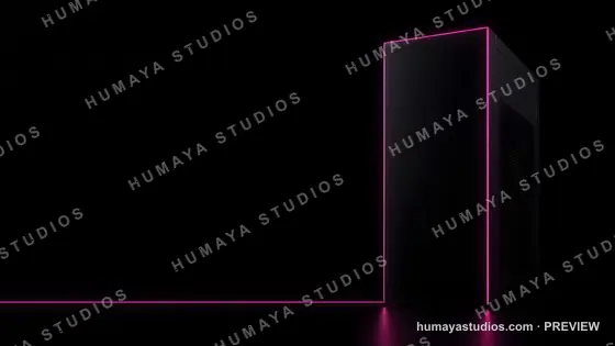Futuristic Computer Tower with Neon Pink Light in Dark Room