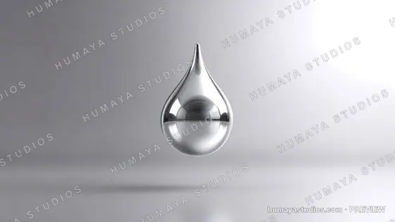 Metallic liquid drop floating on grey background