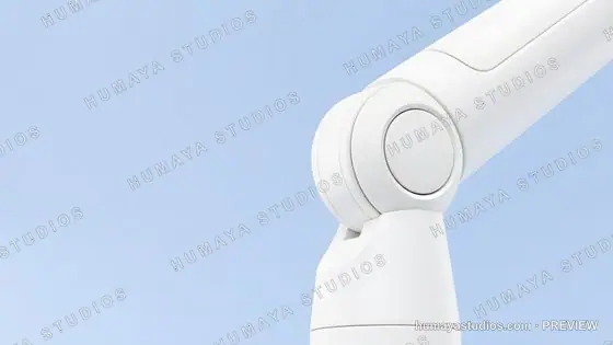 Modern white robotic arm joint against light blue background