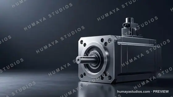 Industrial Servo Motor with Metal Shaft on Reflective Dark Surface