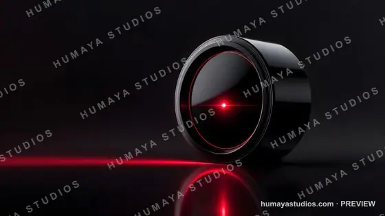 Futuristic Camera Lens with Red Laser Light and Reflection