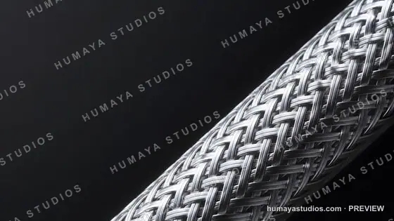 Metallic braided hose close-up against dark background