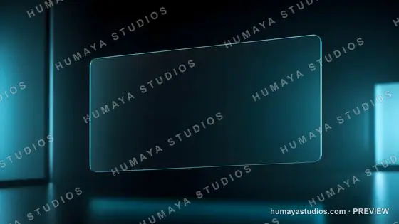 Futuristic Glass Screen Floating in Dark Room with Blue Glow