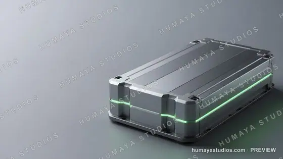 Futuristic Metallic Electronic Device with Glowing Green LED Accent