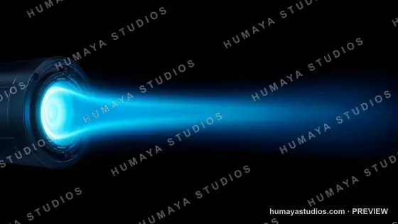 Futuristic Ion Thruster Engine Emitting Blue Plasma Beam in Space