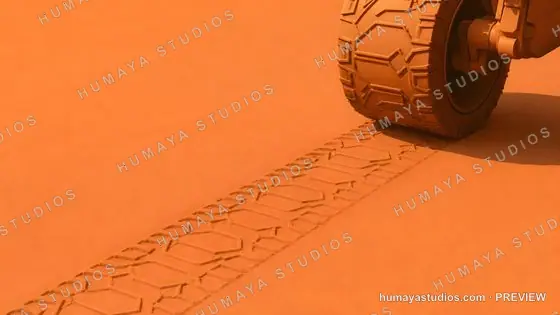 Mars Rover Wheel Leaving Tire Tracks on Martian Sand Surface