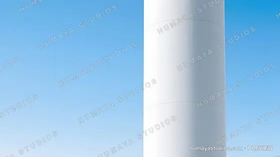 Wind turbine tower section against clear blue sky, minimal architecture