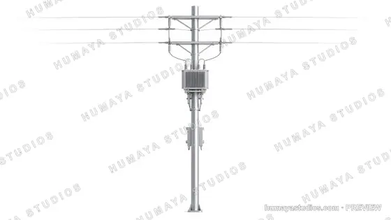 Utility Pole with Power Lines and Transformer on White