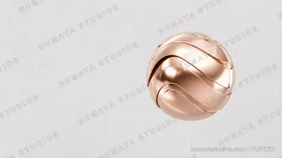 Abstract bronze sphere with glossy metallic waves on white background