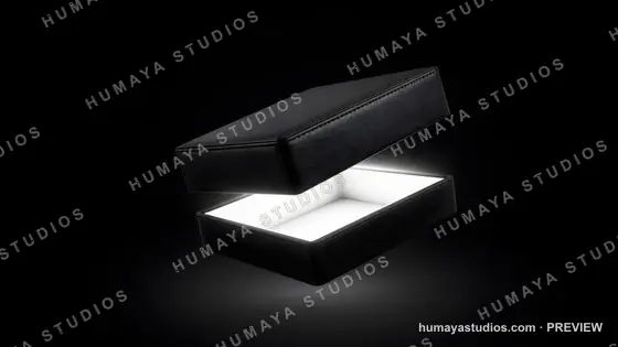 Glowing open black leather box with mysterious light