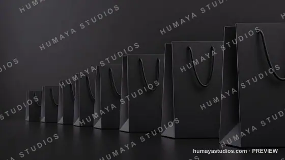 Row of Black Shopping Bags on Dark Background, Luxury Packaging