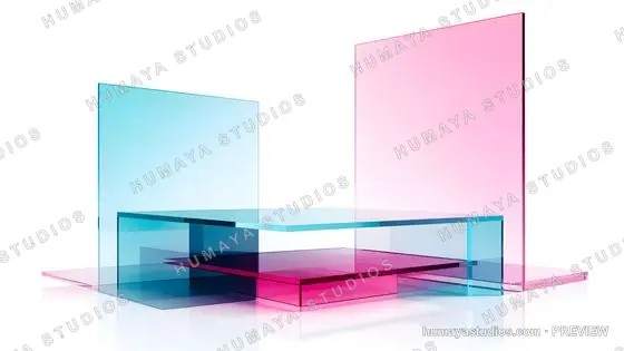 Glass Product Podium with Pink and Cyan Acrylic Panels