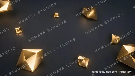 Golden geometric crystal polyhedron shapes on dark background