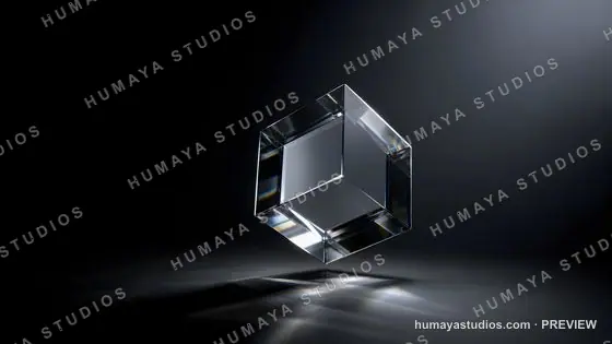 Floating Glass Crystal Cube Refracting Light on Dark Background