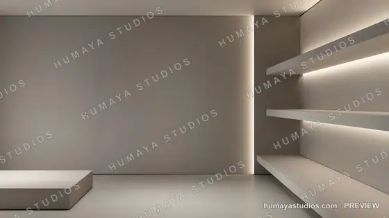 Minimalist Product Display Stage with Glowing Shelves and Warm Lighting