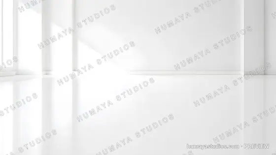 Modern white empty room interior with glossy reflective floor