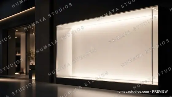 Modern Illuminated Storefront Display Window with Blank Space