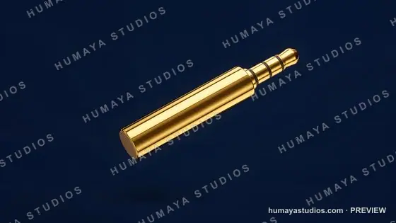 Golden audio jack cable plug connector floating on dark blue background