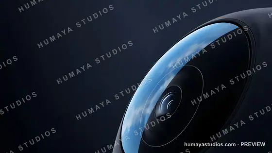 Futuristic VR Camera Lens Macro View with Cloud Reflection
