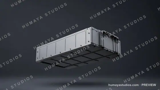 Electric vehicle battery pack floating in dark studio